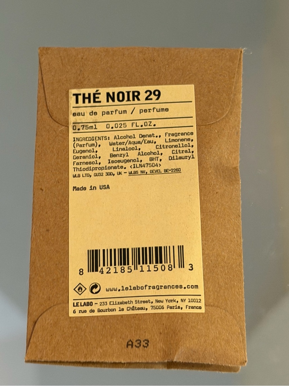 Le Labo Thé Noir 29 Sample- Brown and Cream Label